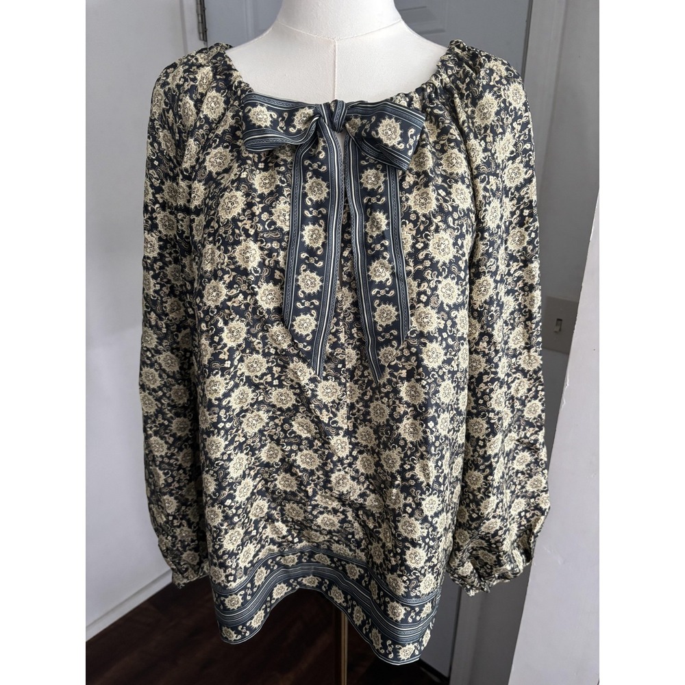 Joie Tunic Blouse Womens Small Black Floral Silk Bow Tie Relaxed Border Hem‎